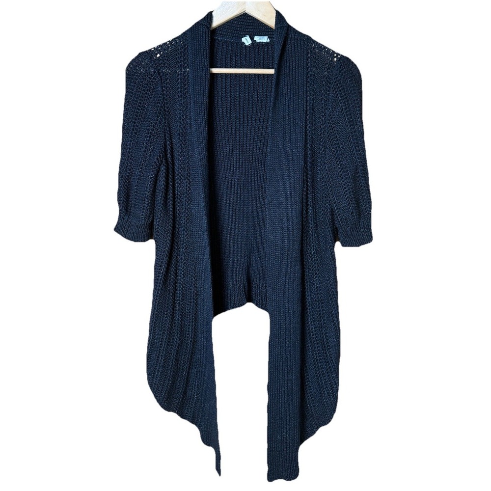 Moth Anthropologie Black Long Cardigan Waxed Knit Open Front Small Hi-Low Large‎